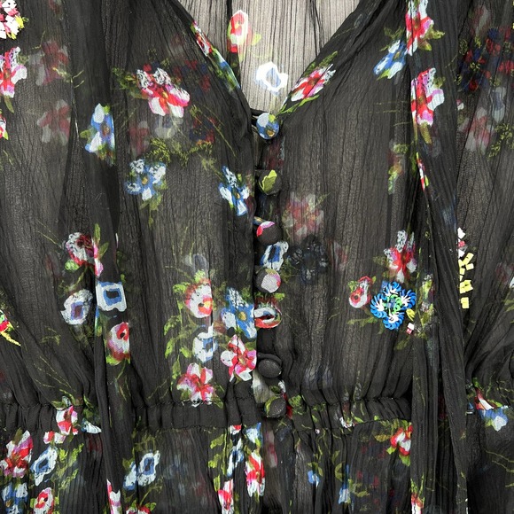 FREE PEOPLE Buttercup Embellished Button Down Top Womens XS Black Sheer Floral - Picture 6 of 12